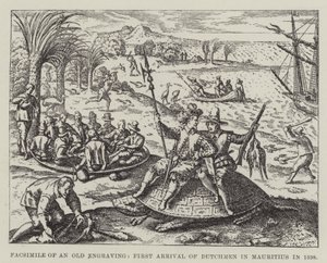 1598年在毛里求斯首次抵达荷兰人的旧雕刻传真 作者 英语学校